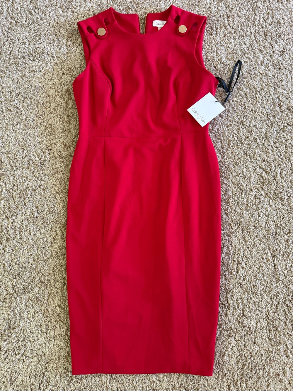 NWT Calvin Klein Red Sheath Dress with Gold Button Accents